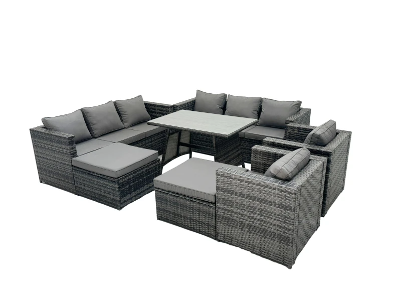 Image of Fimous Rattan Dining Table Sofa Set with 2 Big Footstools Outdoor 10 Seat in Dark Grey Dark Grey Unisex