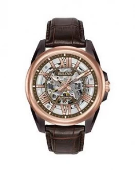 Image of Bulova Classic Rose Gold And Grey Skeleton Dial Brown Leather Strap Mens Watch, One Colour, Men