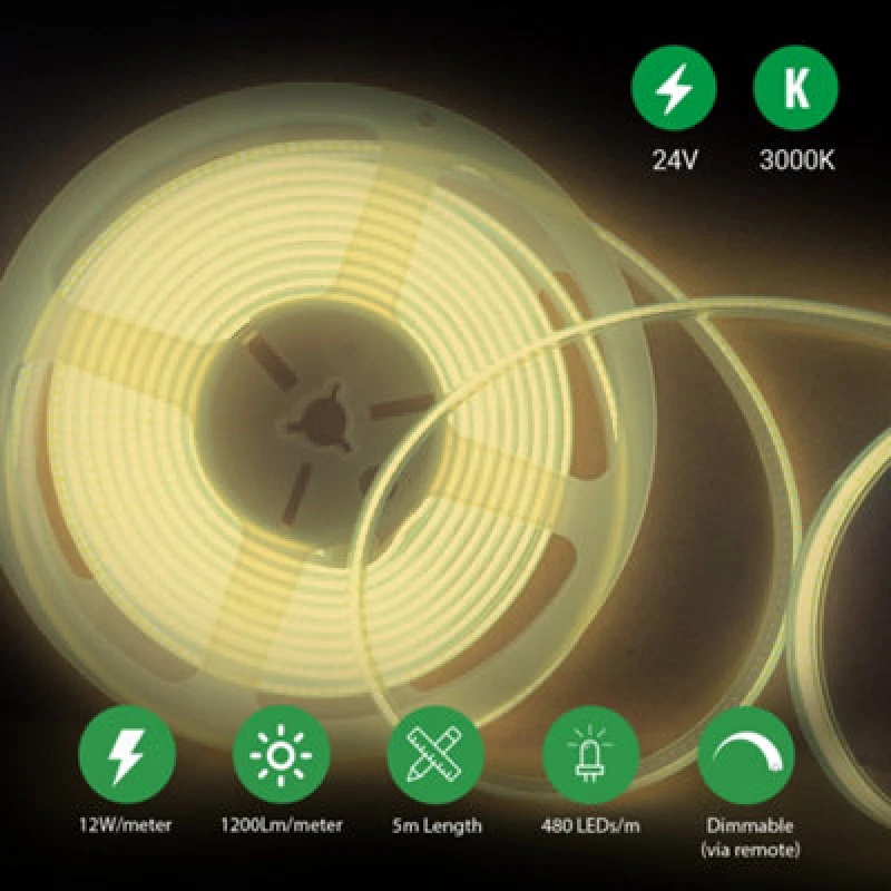 Image of Ener-J 5 Meters Set Of 24V Dotless Cob Strip With 480 Ledsm Dimming Controller UK Adapter Plug 3000K