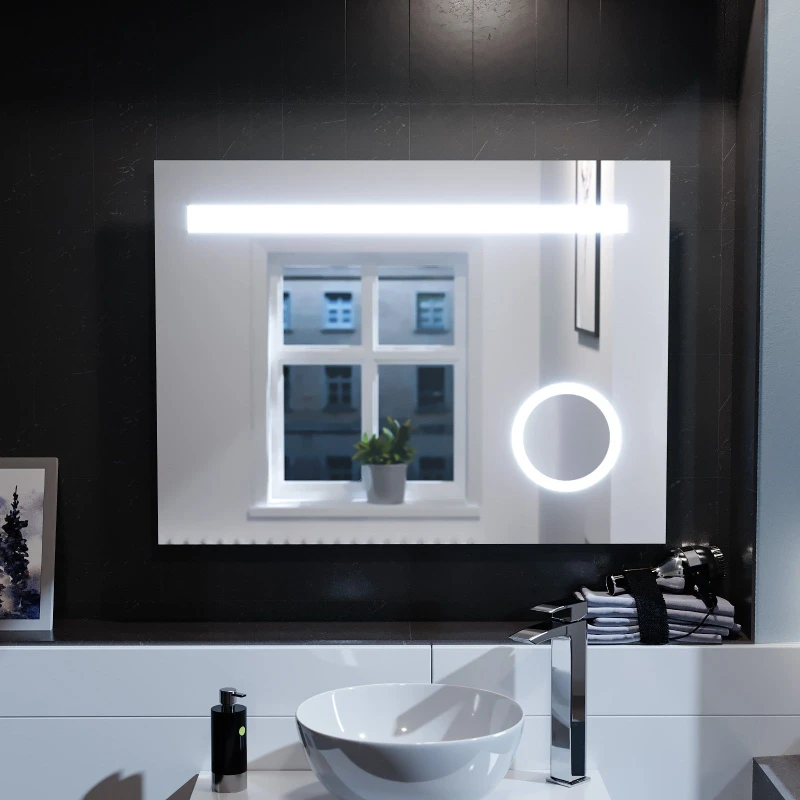 Image of Nes Home Modern Rectangle Illuminated LED 800mm x 600mm Bathroom Mirror Demister Silver