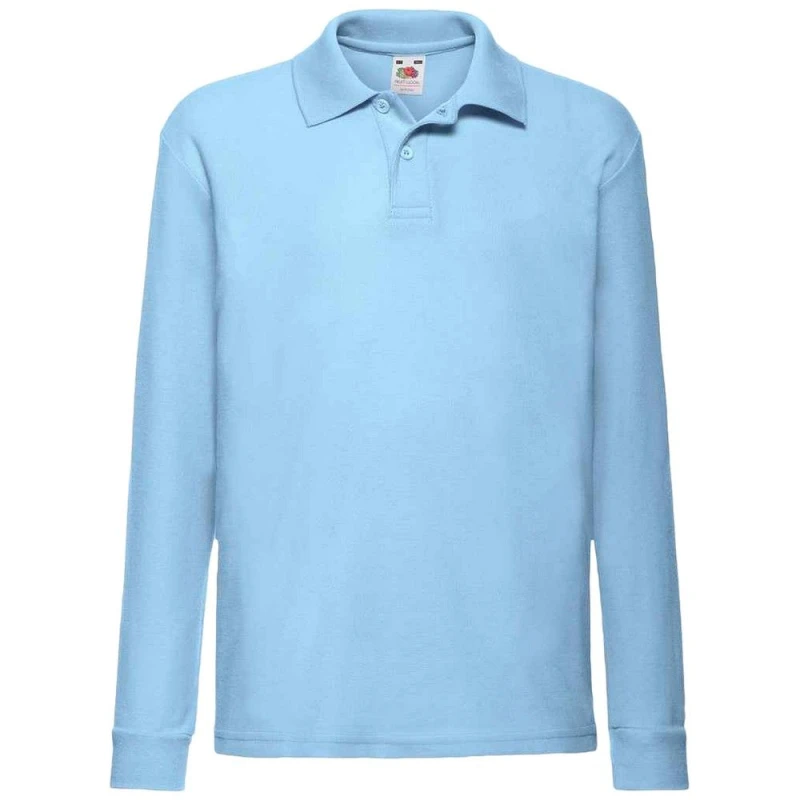 Image of Fruit of the Loom Long Sleeve Pique Polo Shirt in Baby Blue Size: 7-8 Years Baby Blue Unisex 7-8 Years