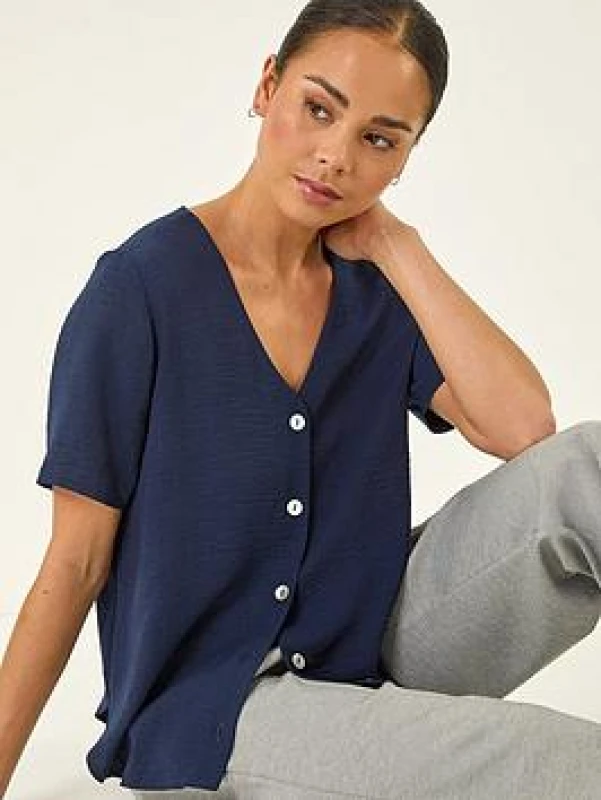 Image of Roman Womens Petite V-Neck Button Through Blouse in Navy Size: 18 Navy Female 18