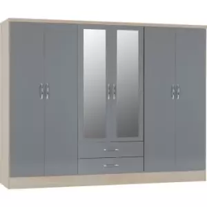Image of Nevada 6 Door 2 Drawer Mirrored Wardrobe in Grey Gloss and Oak Effect Finish