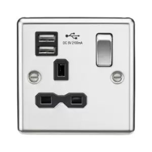 Image of Knightsbridge - 13A 1G Switched Socket Dual usb Charger Slots with Black Insert - Rounded Edge Polished Chrome