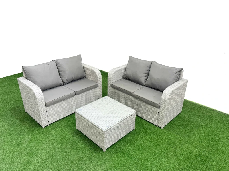 Image of Fimous 4 Seater Outdoor Love Sofa Set Rattan Garden Furniture Set with Square Coffee Table Light Grey Light Grey