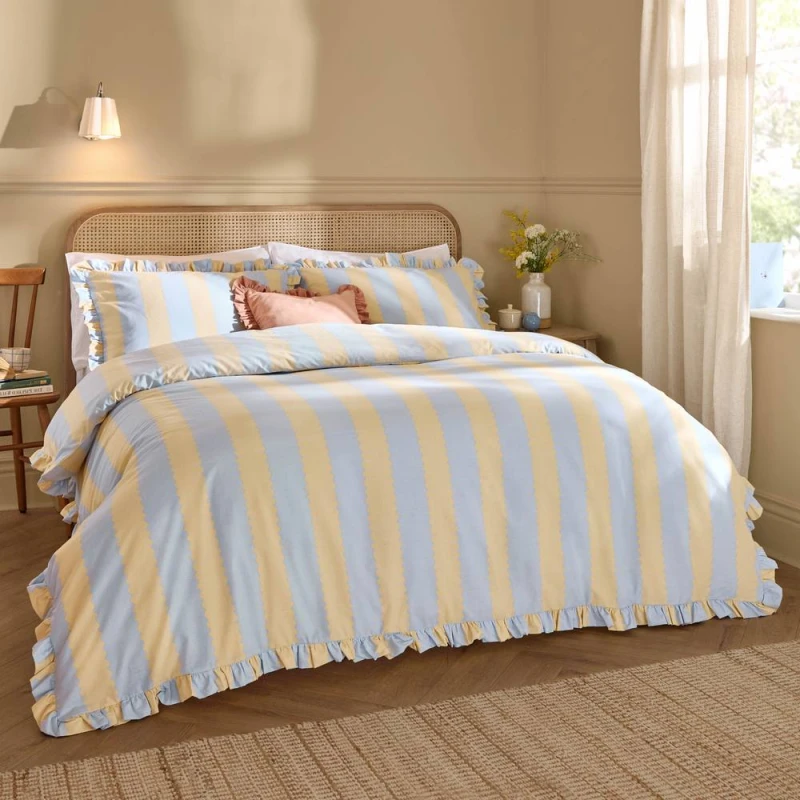 Image of Wylder Birdie Stripe Ruffle Duvet Cover Set in Lemon Size: Single Lemon Unisex Single