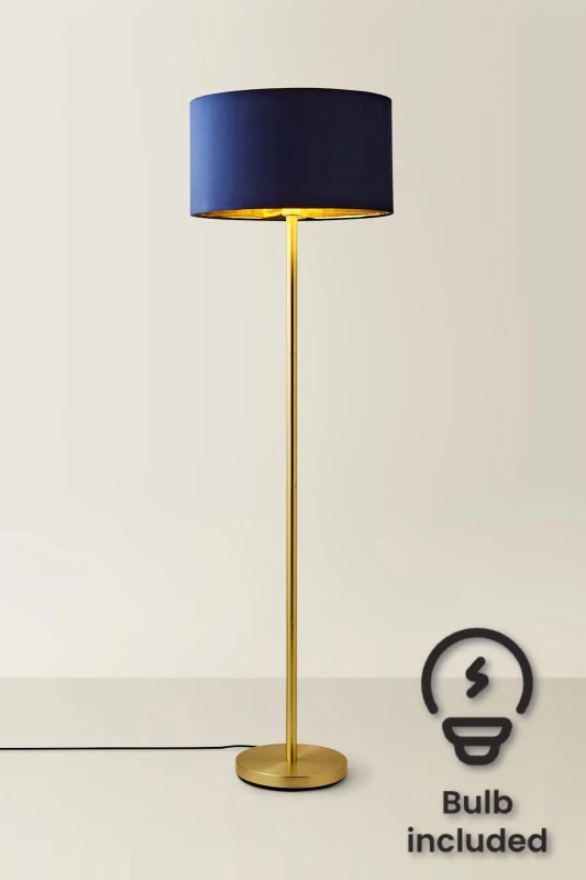 Image of ValueLights ValueLights Charlie Gold Stem Floor Lamp with Velvet Drum with Gold Inner Shade & LED Bulb in Dark Navy Dark Navy One Size Unisex 50594060