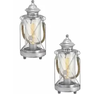 Image of 2 pack Table Lamp Desk Light Antique Silver & Glass Lantern Shade 1x 60W E27