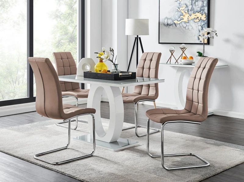 Image of FurnitureboxUK FurnitureboxUK Giovani Grey White Modern High Gloss And Glass Dining Table And 4 Murano Chairs Set in Beige Beige One Size Unisex 50565