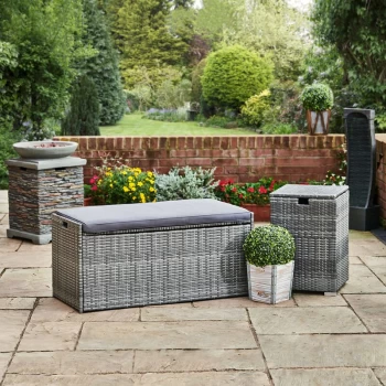Image of Outdoor Garden Patio Furniture, 2 In 1 Rattan 336 Litre Large Storage Box & Bench Seat with Cream Cushion, Weather-Resistant, Grey - Grey - Teamson