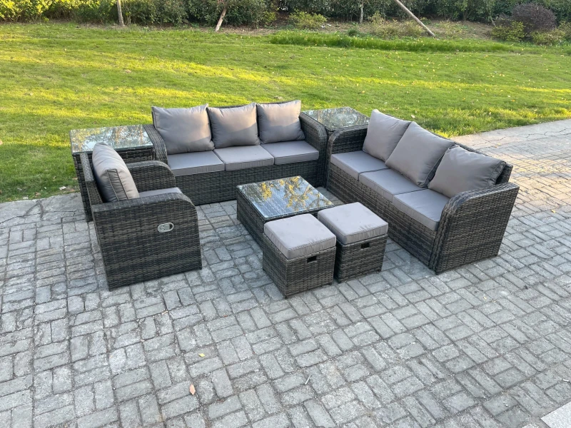 Image of Fimous 9 Seater Outdoor Rattan Garden Furniture Set Conservatory Patio Sofa Coffee Table With Reclining Chair 2 Small Footstools 2 Side Tables Dark Gr