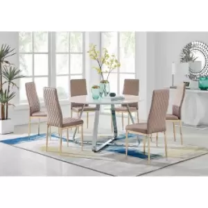 Image of Furniture Box Santorini White Round Dining Table and 6 Cappuccino Gold Leg Milan Chairs