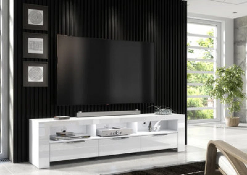 Image of Furneo 200Cm White Long TV Stand Unit Cabinet Matt & High Gloss White LED Lights Phantom 10