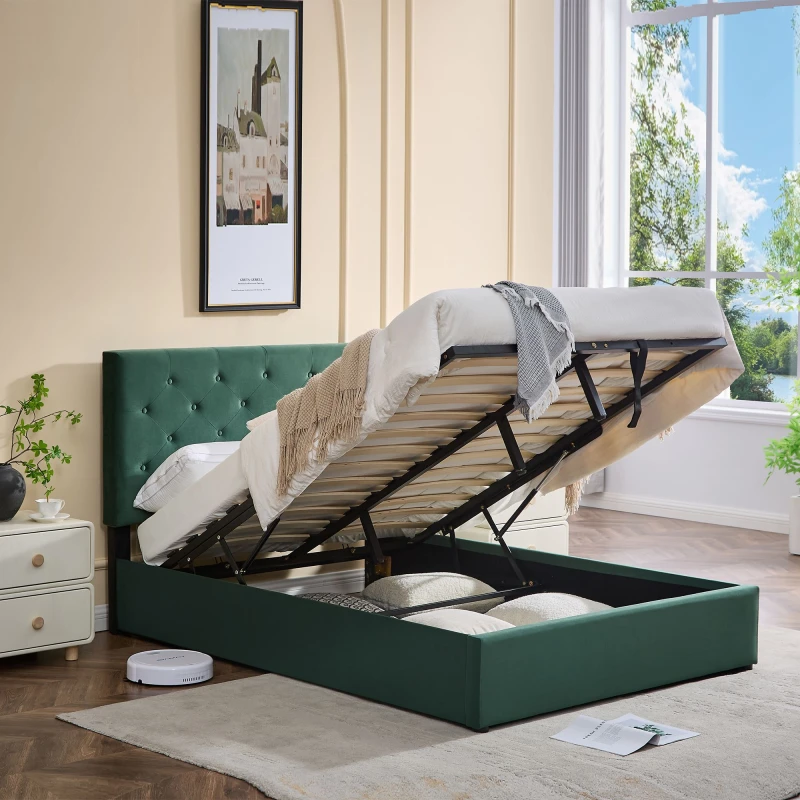 Image of FURNITURE ONE Ottoman Storage Bed Frame with Underbed Storage, Adjustable Headboard in Green Size: King Green Unisex King