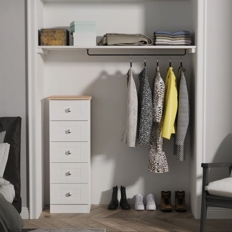 Image of Santander Ready Assembled Matt White & Oak 5 Drawer Wide Bedside Chest (H)1074mm (W)395mm (D)411mm