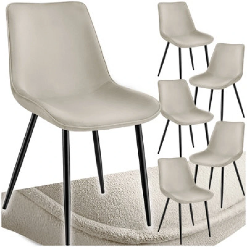 Image of Tectake Set Of 6 Dining Chair Monroe - Padded, Velvet Look, Ergonomic Seat, Black Steel Legs - Cream