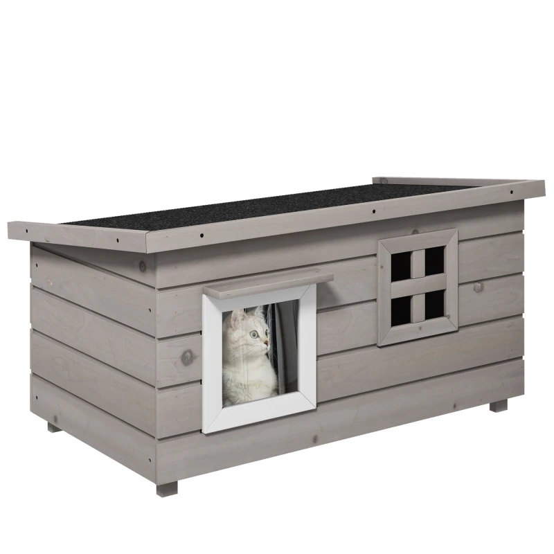 Image of Pawhut Wooden Cat House Outdoor with Openable Top - Asphalt Roof - Window Grey TJ Hughes 5061025075140