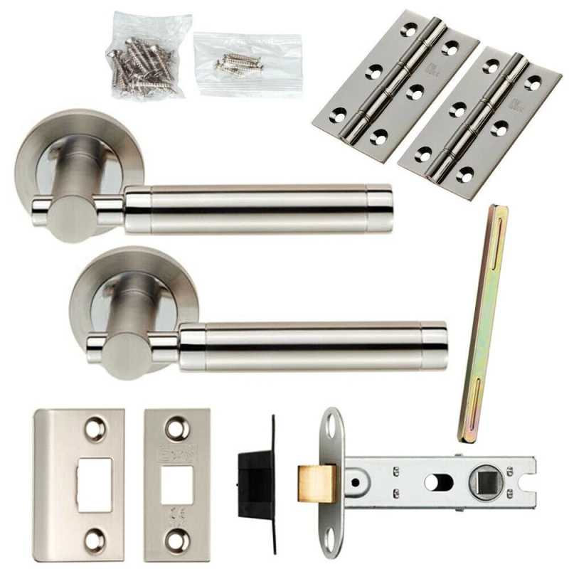 Image of Loops Door Handle & Latch Pack Polished & Satin Steel Mounted Bar Screwless Rose Metallics