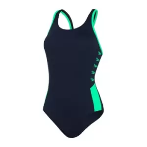 Image of Speedo Womens Boom Logo Splice Muscleback Swimsuit Black - Blue