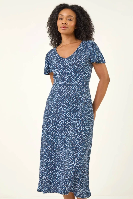 Image of Roman Womens Petite Floral Print V-Neck Midi Dress in Navy Size: 12 Navy Female 12