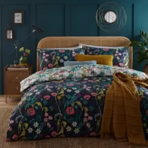 Image of furn. La Belle Midnight Blue Duvet Cover & Pilowcase Set Blue/Pink/Yellow
