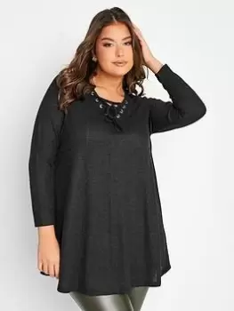 Image of Yours Lace Up Detail Top, Black, Size 22-24, Women