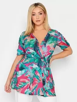 Image of Yours Blurred Tropical Wrap Top - Pink, Size 26-28, Women