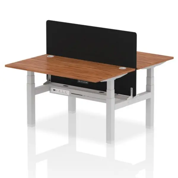 Image of Air Air Back-to-Back 1400 x 800mm Height Adjustable 2 Person Bench Desk Walnut Top with Cable Ports Silver Frame with Black Straight Screen HASCP2P14
