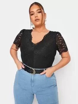 Image of Yours Lace Short Sleeve Bodysuit Black, Size 22, Women