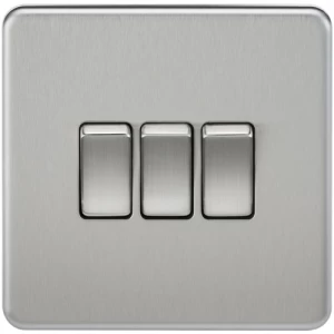 Image of KnightsBridge 10A 3G 2 Way 230V Screwless Brushed Chrome Electric Wall Plate Switch