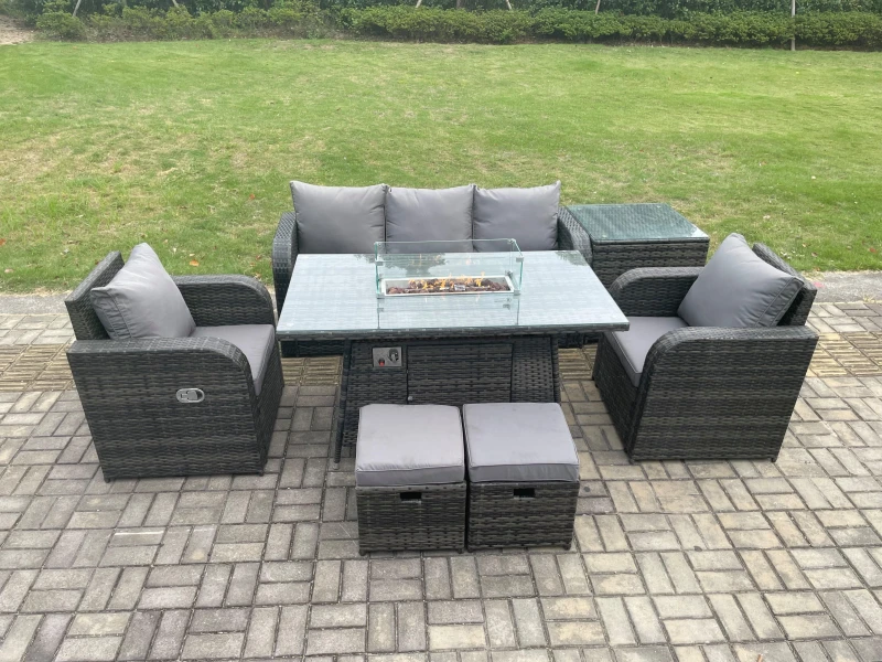 Image of Fimous Outdoor Rattan Garden Furniture Set Propane Gas Fire Pit Table Burner with Lounge Sofa Side Tables 2 Small Footstool Dark Grey