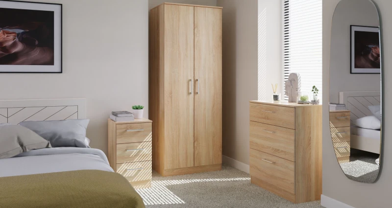 Image of Swift Devon 3 Piece Bedroom Set (Wardrobe, Chest & Bedside) in Bardolino Oak - Ready Assembled Light Oak