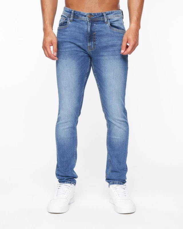 Image of Duck&Cover Doves Mens Slim-Fit Comfort Stretch Jeans with Zip Fly in Mid Blue Size: 38R Mid Blue Male 38R