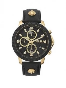 Image of Versus Versace Black And Gold Detail Chronograph Dial Black Leather Strap Mens Watch