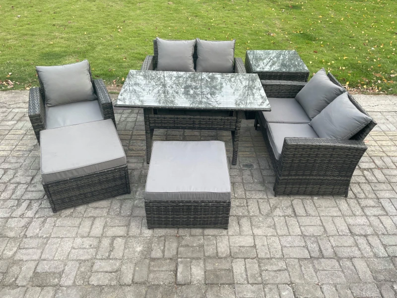 Image of Fimous Outdoor Garden Dining Set Wicker PE Rattan Furniture Sofa with Dining Table Double Seat Sofa Side Table 2 Big Footstool Dark Grey Mixed Dark Gr