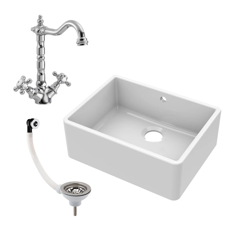 Image of Balterley Fireclay 1 Bowl Butler Sink Overflow Tap Waste 595mm in White White Unisex