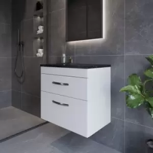 Image of Nuie - Athena Wall Hung 2-Drawer Vanity Unit with Sparkling Black Worktop 600mm Wide - Gloss White