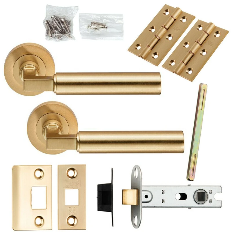 Image of Loops Door Handle & Latch Pack Satin Brass Straight Round Lever Screwless Round Rose Metallics