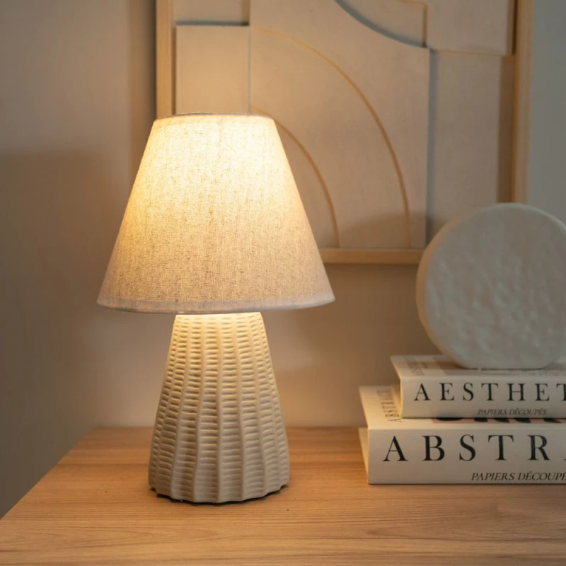 Image of ValueLights Saskia Pair Natural Textured Ceramic Table Lamps with Linen Tapered Lamp Shades Cream