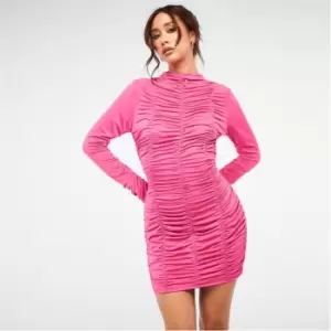 Image of Missguided Ruched High Neck Slinky Mini Dress - Pink
