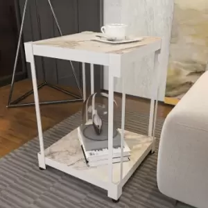 Image of Zenas Nightstand , Side End Table With Shelves, Space Saver Modern Night Table , industrial Metal Frame Side Table- White Marble Pattern And White