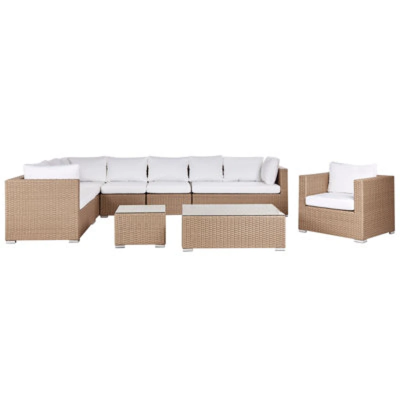 Image of Beliani Garden Lounge Set With Table 8 Seater XXL Right Hand Modular Pe Rattan Sand Beige