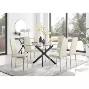 Image of Furniturebox UK - Furniturebox Leonardo 6 Black Leg Glass Dining Table and 6 Cream Milan Velvet Dining Chairs Diamond Stitch Modern Contemporary