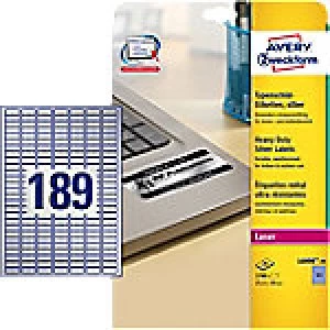 Image of AVERY Heavy Duty Labels L6008-20 Silver Self Adhesive A4 25.4 x 10 mm 20 Sheets of 189 Labels
