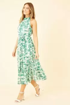 Image of Green Leaf Print Halter Neck Midi Dress