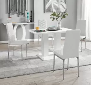 Image of Imperia 4 Seater Modern White High Gloss Rectangular Dining Table And 4 Milan Faux Leather Chairs