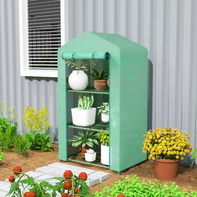 Image of Outsunny 3 Tier Mini Greenhouse Grow House w/ Roll Up Door, Green 845-606V01GN