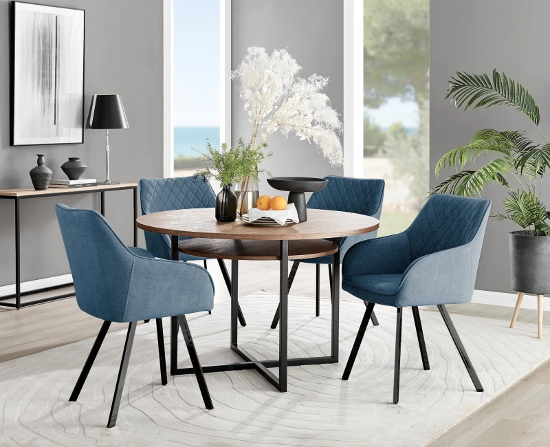 Image of FurnitureboxUK FurnitureboxUK Adley Brown Wood Storage Dining Table & 4 Falun Black Leg Chairs in Blue Blue One Size Unisex 5056542686498