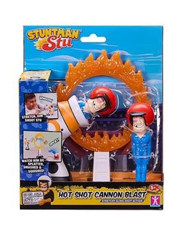 Image of Stuntman Stu Hot Shot Cannon blast Sling shot toy with two rubber figures and ring of fire target Create fun stunts at home Toys