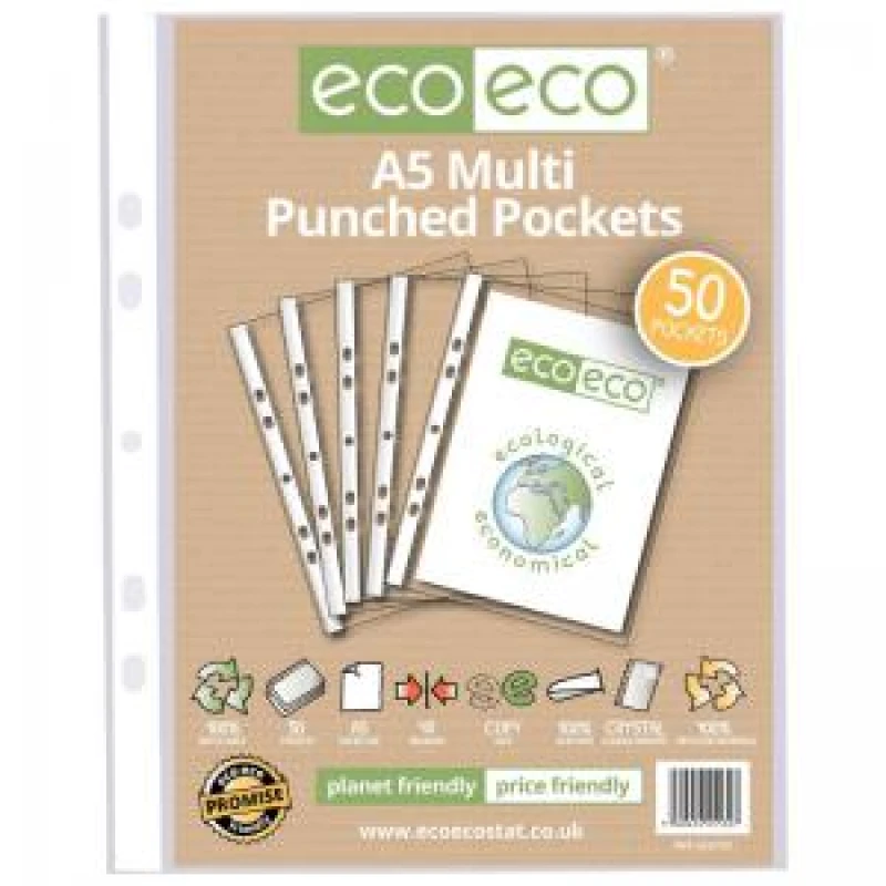 Image of Eco Eco 100% Recycled Punched Pocket A5 Clear (50 Pack) eco132-S